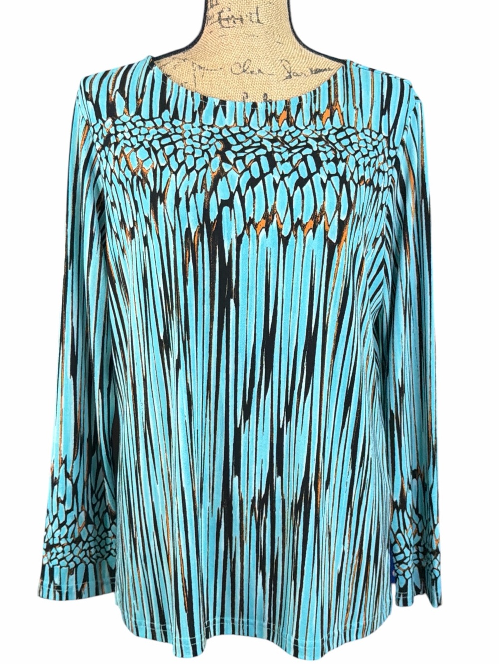 Bob Mackie Turquoise and Black Patterned Long-Sleeve Top. EC. Size medium